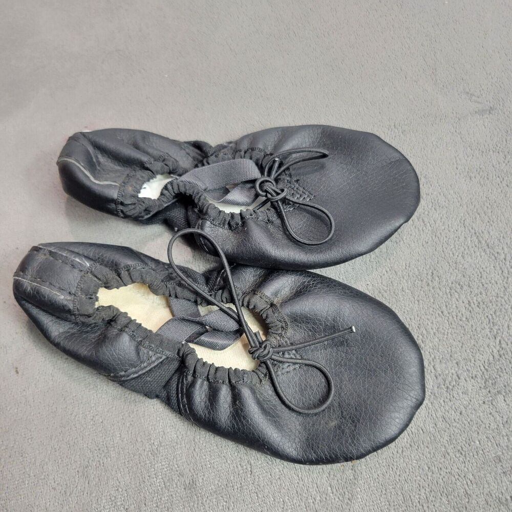 Black Leather Ballet Shoes Size 11 With Elastic Drawstring For Girls Soft Sole D